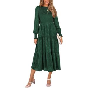 imagePRETTYGARDEN Womens Fall Spring Midi Dress Long Sleeve Floral Smocked Elegant Wedding Guest Long Flowy Dresses with PocketsDark Green
