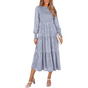 imagePRETTYGARDEN Womens Fall Spring Midi Dress Long Sleeve Floral Smocked Elegant Wedding Guest Long Flowy Dresses with PocketsGrey Blue