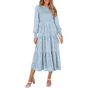 imagePRETTYGARDEN Womens Fall Spring Midi Dress Long Sleeve Floral Smocked Elegant Wedding Guest Long Flowy Dresses with PocketsLight Blue