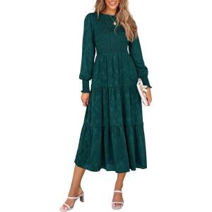 imagePRETTYGARDEN Womens Fall Spring Midi Dress Long Sleeve Floral Smocked Elegant Wedding Guest Long Flowy Dresses with PocketsMalachite Green