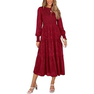 imagePRETTYGARDEN Womens Fall Spring Midi Dress Long Sleeve Floral Smocked Elegant Wedding Guest Long Flowy Dresses with PocketsRed