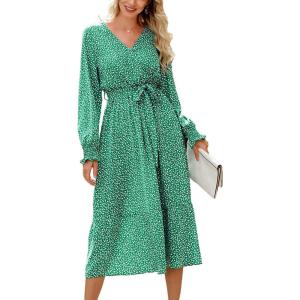 imagePRETTYGARDEN Womens Floral Boho Dress Fall Long Sleeve Wrap V Neck Ruffle Flowy Maxi Spring Wedding Guest Vacation DressesBgreen