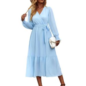 imagePRETTYGARDEN Womens Floral Boho Dress Fall Long Sleeve Wrap V Neck Ruffle Flowy Maxi Spring Wedding Guest Vacation DressesSolid Light Blue