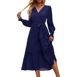 imagePRETTYGARDEN Womens Floral Boho Dress Fall Long Sleeve Wrap V Neck Ruffle Flowy Maxi Spring Wedding Guest Vacation DressesSolid Navy