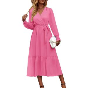 imagePRETTYGARDEN Womens Floral Boho Dress Fall Long Sleeve Wrap V Neck Ruffle Flowy Maxi Spring Wedding Guest Vacation DressesSolid Rose Pink