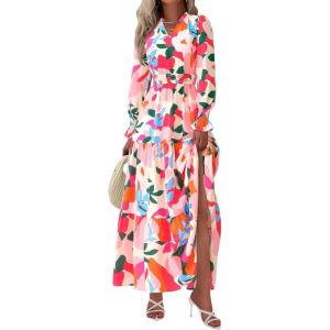 imagePRETTYGARDEN Womens Floral Maxi Dress 2025 Fall Long Sleeve V Neck Casual A Line Long Flowy Boho Party DressesFloral Apricot Rose Red