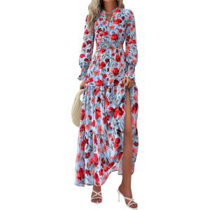 imagePRETTYGARDEN Womens Floral Maxi Dress 2025 Fall Long Sleeve V Neck Casual A Line Long Flowy Boho Party DressesFloral Blue Red