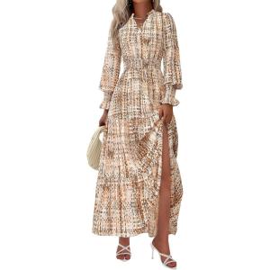 imagePRETTYGARDEN Womens Floral Maxi Dress 2025 Fall Long Sleeve V Neck Casual A Line Long Flowy Boho Party DressesFloral Khaki