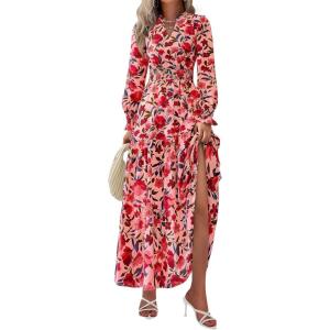 imagePRETTYGARDEN Womens Floral Maxi Dress 2025 Fall Long Sleeve V Neck Casual A Line Long Flowy Boho Party DressesFloral Orange Pink Red