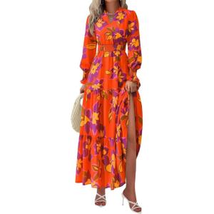 imagePRETTYGARDEN Womens Floral Maxi Dress 2025 Fall Long Sleeve V Neck Casual A Line Long Flowy Boho Party DressesFloral Orange Purple