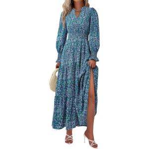 imagePRETTYGARDEN Womens Floral Maxi Dress 2025 Fall Long Sleeve V Neck Casual A Line Long Flowy Boho Party DressesFloral Purple Green