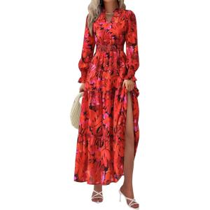 imagePRETTYGARDEN Womens Floral Maxi Dress 2025 Fall Long Sleeve V Neck Casual A Line Long Flowy Boho Party DressesFloral Red