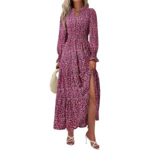 imagePRETTYGARDEN Womens Floral Maxi Dress 2025 Fall Long Sleeve V Neck Casual A Line Long Flowy Boho Party DressesFloral Red Black