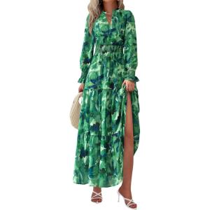 imagePRETTYGARDEN Womens Floral Maxi Dress 2025 Fall Long Sleeve V Neck Casual A Line Long Flowy Boho Party DressesGreen
