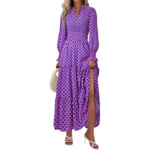 imagePRETTYGARDEN Womens Floral Maxi Dress 2025 Fall Long Sleeve V Neck Casual A Line Long Flowy Boho Party DressesPlaid Blue Pink