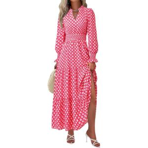 imagePRETTYGARDEN Womens Floral Maxi Dress 2025 Fall Long Sleeve V Neck Casual A Line Long Flowy Boho Party DressesPlaid Pink