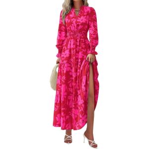 imagePRETTYGARDEN Womens Floral Maxi Dress 2025 Fall Long Sleeve V Neck Casual A Line Long Flowy Boho Party DressesRed Big Floral