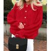 imagePRETTYGARDEN Womens Cropped Cardigans Trendy 2025 Ruffle Open Front Chunky Knit Sweater Oversized Button Down Fall ClothesRed