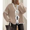 imagePRETTYGARDEN Womens Tie Front Bow Cardigan Sweaters Chunky Knit Long Puff Sleeve Trendy Fall Winter Jacket CoatsCamel White