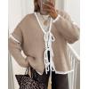 imagePRETTYGARDEN Womens Tie Front Bow Cardigan Sweaters Chunky Knit Long Puff Sleeve Trendy Fall Winter Jacket CoatsCamel White