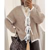 imagePRETTYGARDEN Womens Tie Front Bow Cardigan Sweaters Chunky Knit Long Puff Sleeve Trendy Fall Winter Jacket CoatsCamel White