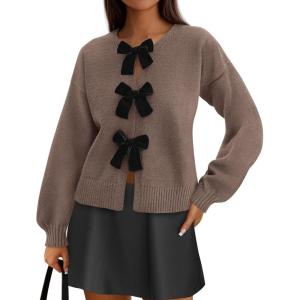 imagePRETTYGARDEN Cardigan Sweaters for Women 2025 Fall Bow Tie Front Long Sleeve Knit Sweater Tops Cute Going Out OutfitsCoffee