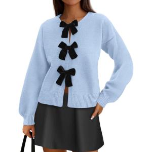 imagePRETTYGARDEN Cardigan Sweaters for Women 2025 Fall Bow Tie Front Long Sleeve Knit Sweater Tops Cute Going Out OutfitsLight Blue