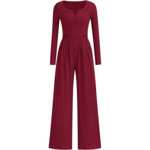 imagePRETTYGARDEN Jumpsuits for Women Dressy Casual 2025 Fall One Piece Outfits Long Sleeve Wide Leg Pants Romper Fashion ClothingBurgundy
