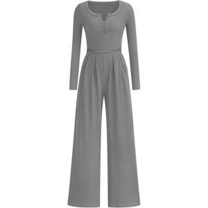 imagePRETTYGARDEN Jumpsuits for Women Dressy Casual 2025 Fall One Piece Outfits Long Sleeve Wide Leg Pants Romper Fashion ClothingGrey