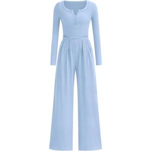 imagePRETTYGARDEN Jumpsuits for Women Dressy Casual 2025 Fall One Piece Outfits Long Sleeve Wide Leg Pants Romper Fashion ClothingLight Blue