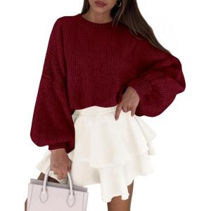 imagePRETTYGARDEN Sweaters for Women 2025 Fall Chunky Knit Long Sleeve Crew Neck Oversized Pullover Tops Winter Fashion ClothingBurgundy