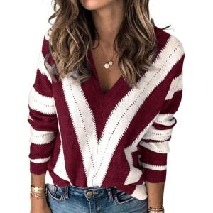 imagePRETTYGARDEN Sweaters for Women 2025 Long Sleeve Striped Knitted V Neck Pullover Jumper Tops Fall Outfits Fashion ClothingStriped Wine Red