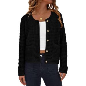 imagePRETTYGARDEN Women Knit Cardigan Sweaters Fall Fashion Long Sleeve Open Front Button Down Trendy Casual Jacket Winter ClothesBlack