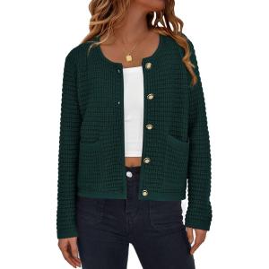 imagePRETTYGARDEN Women Knit Cardigan Sweaters Fall Fashion Long Sleeve Open Front Button Down Trendy Casual Jacket Winter ClothesDark Green