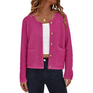 imagePRETTYGARDEN Women Knit Cardigan Sweaters Fall Fashion Long Sleeve Open Front Button Down Trendy Casual Jacket Winter ClothesRose Red