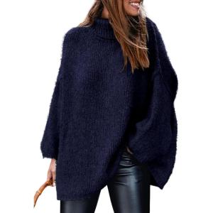 imagePRETTYGARDEN Womens 2025 Fall Turtleneck Oversized Sweaters Long Sleeve Chunky Knit Pullover Tops Winter Fashion ClothesNavy Blue