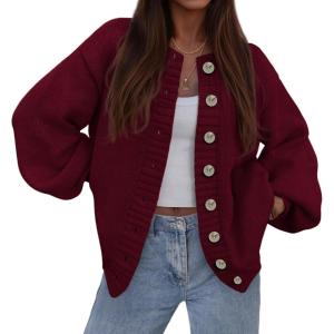 imagePRETTYGARDEN Womens 2025 Winter Cardigan Sweaters Trendy Chunky Knit Long Sleeve Button Up Casual Warm Fall Jackets CoatsBurgundy