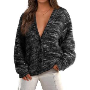 imagePRETTYGARDEN Womens Cardigan Sweaters 2025 Fall Striped Long Sleeve V Neck Button Down Knit Fuzzy Outerwear Trendy ClothesBlack