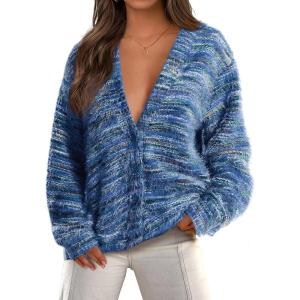 imagePRETTYGARDEN Womens Cardigan Sweaters 2025 Fall Striped Long Sleeve V Neck Button Down Knit Fuzzy Outerwear Trendy ClothesBlue