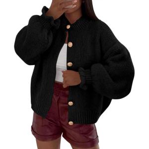 imagePRETTYGARDEN Womens Cropped Cardigans Trendy 2025 Ruffle Open Front Chunky Knit Sweater Oversized Button Down Fall ClothesBlack
