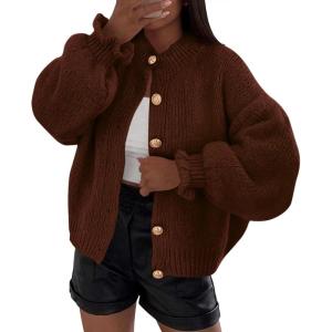 imagePRETTYGARDEN Womens Cropped Cardigans Trendy 2025 Ruffle Open Front Chunky Knit Sweater Oversized Button Down Fall ClothesBrown