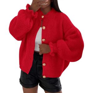 imagePRETTYGARDEN Womens Cropped Cardigans Trendy 2025 Ruffle Open Front Chunky Knit Sweater Oversized Button Down Fall ClothesRed