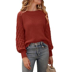 imagePRETTYGARDEN Womens Fall 2025 Pullover Sweater Casual Long Sleeve Loose Chunky Knit Tops Blouse Winter Fashion ClothingBrick Red