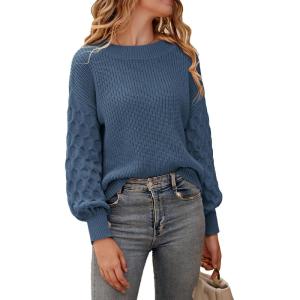 imagePRETTYGARDEN Womens Fall 2025 Pullover Sweater Casual Long Sleeve Loose Chunky Knit Tops Blouse Winter Fashion ClothingGrey Blue