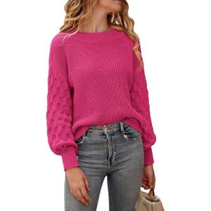 imagePRETTYGARDEN Womens Fall 2025 Pullover Sweater Casual Long Sleeve Loose Chunky Knit Tops Blouse Winter Fashion ClothingRose Red
