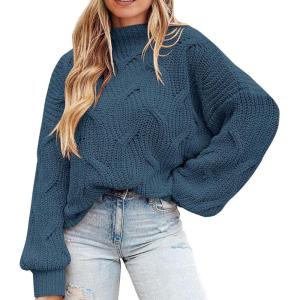 imagePRETTYGARDEN Womens Fall Oversized Pullover Sweaters Casual Crewneck Long Sleeve Chunky Cable Knit Tops Winter ClothingGrey Blue