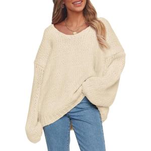 imagePRETTYGARDEN Womens Fall Oversized Sweaters Long Sleeve V Neck Dressy Casual Chunky Knit Loose Pullover Tops Winter ClothingBeige