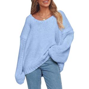 imagePRETTYGARDEN Womens Fall Oversized Sweaters Long Sleeve V Neck Dressy Casual Chunky Knit Loose Pullover Tops Winter ClothingLight Blue