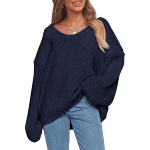 imagePRETTYGARDEN Womens Fall Oversized Sweaters Long Sleeve V Neck Dressy Casual Chunky Knit Loose Pullover Tops Winter ClothingNavy
