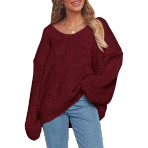 imagePRETTYGARDEN Womens Fall Oversized Sweaters Long Sleeve V Neck Dressy Casual Chunky Knit Loose Pullover Tops Winter ClothingWine Red